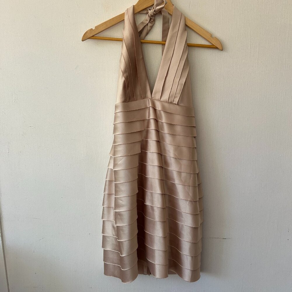BCBGeneration Y2K Halter Mini Dress Womens 10 Champagne Tie Neck NYE Party Dress